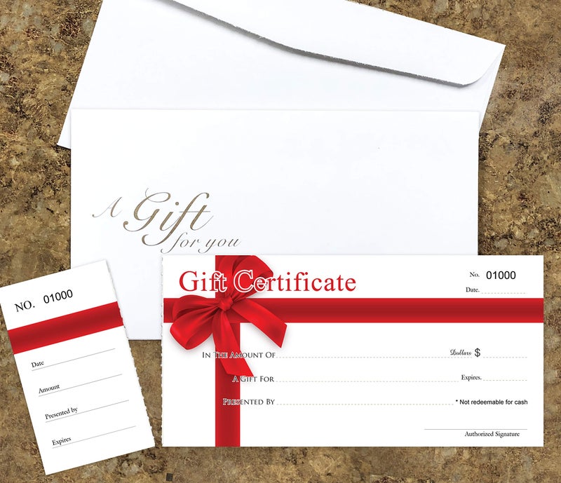 IMPACTONLINEPRINTING Blank Gift Certificates 25set, gift certificate for business, Gift-RED-RIBBON-PP, Comes with matching Envelopes, Sequential Numbering Printing - Image 2